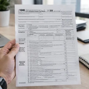 Formulario 1040 sobre un escritorio de trabajo