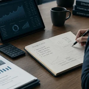 Escritorio con reportes financieros y una tableta
