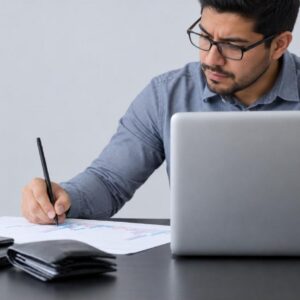 Preparador de impuestos revisando documentos frente a su computadora
